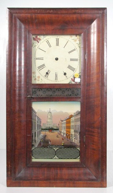 Chauncey & Jerome OG Shelf Clock: Chauncey & Jerome OG Shelf Clock: signed brass movement with gong strike, 7 3/4" dial and weight driven. The case is mahogany and veneer. With weights and pendulum. (There are no hands. Restoration is