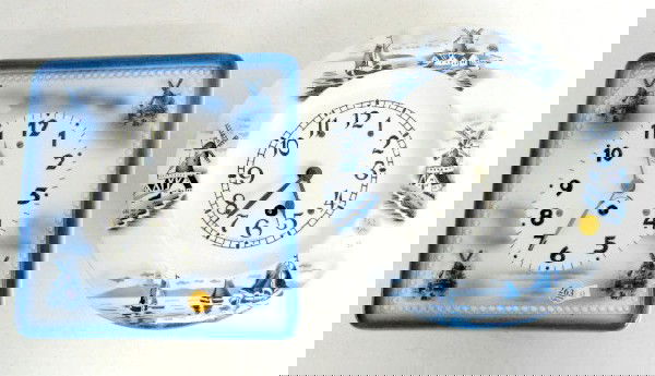 2 Delft Wall Clocks: Gustav Becker & Germany: 2 Delft Wall Clocks: 1.) Gustav Becker has a square pottery front, blue and white with 4 windmill scenes. The dial is 6" wide. 10 1/2" x 10 1/2" and running at this time 2.) Made in Germany, round, bl