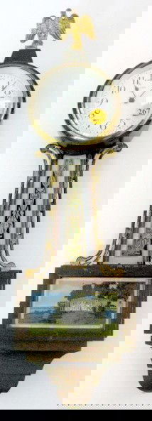 New Haven 8 Day Mini Banjo Clock: New Haven 8 Day Mini Banjo Clock: fixed key wind, no strike, 3 1/2" dial, metal eagle top and side decorations. (Not running, winds ok. Lower front has small nicks.) 18 1/4" long All items sell As Is,