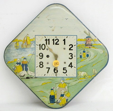 Tin Litho Clock w/Dutch Scenes: Tin Litho Clock w/Dutch Scenes In Color: made in U.S.A. (Not running. Scuffed up front.) 9 5/8" x 9 5/8" All items sell As Is, Where Is, no guarantees of any kind. We accept Mastercard & Visa, no payp