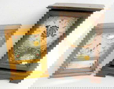 2 Cottage Style Clocks: Chromo Time & Seth Thomas: 2 Cottage Style Clocks: 1.) Has a Chromo Time label on the mahogany case. The old, painted metal dial is 3 3/4" wide. The brass movement is 8 day time with bell strike, when wound activates instantly