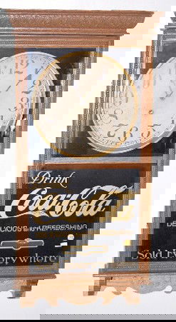 Oak Sessions Coca Cola Advertising Clock: Oak Sessions Coca Cola Advertising Clock: hanging store regulator with original 12" dial. 8 day time only movement with original pendulum. Drink Coca Cola is on the lower glass. In an oak case with pr