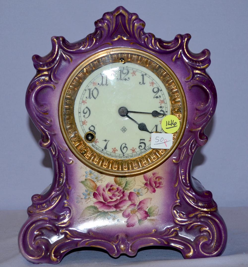 Antique Ansonia "Tuscola" China Clock w/ Purple Floral (1 of 7)