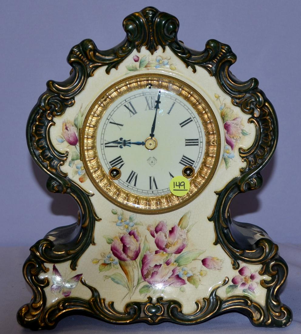Ansonia "Waco" China Clock w/ Green & White Floral Case (1 of 6)