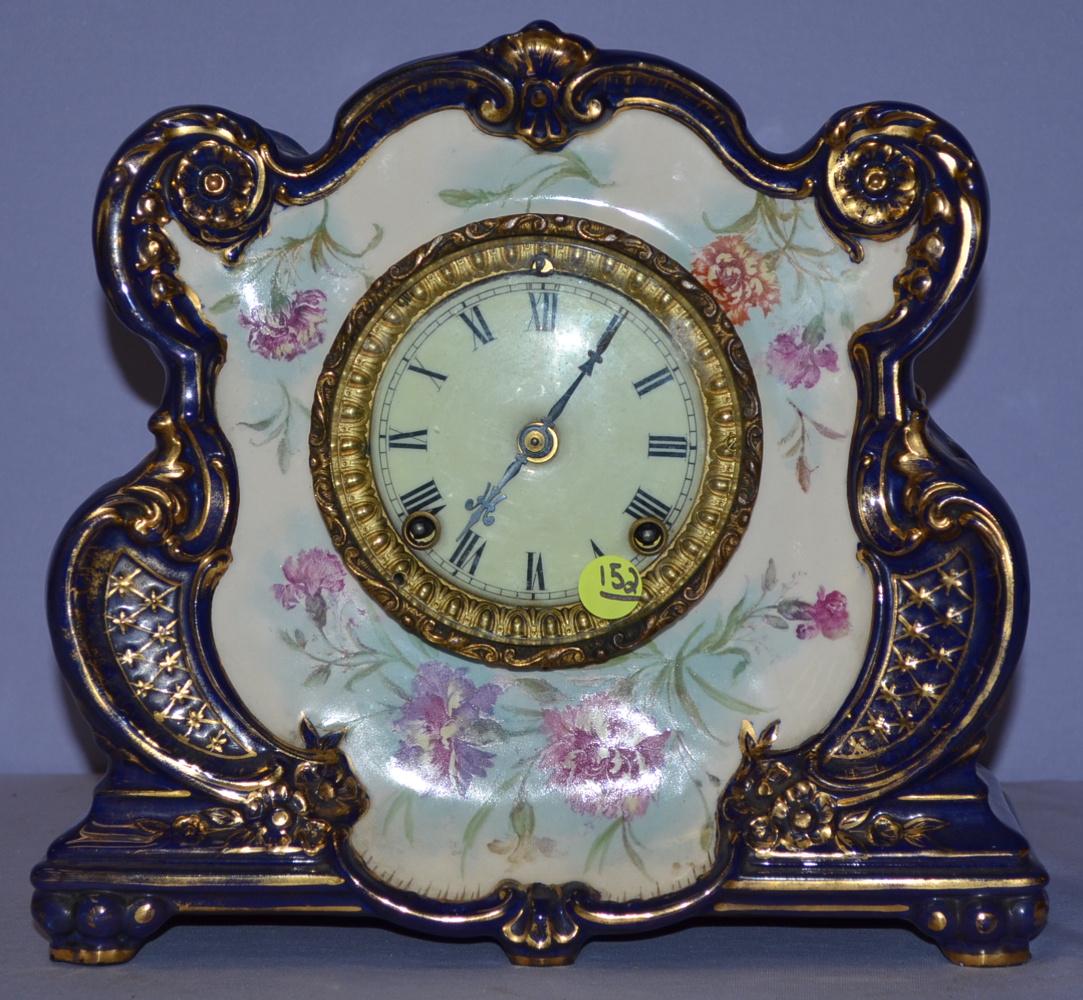 Antique Ansonia "La Somme" Cobalt & Floral China Clock (1 of 6)