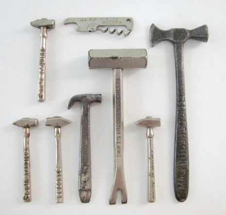 Group of 8 Metal Advertising Tools: Group of 8 Metal Advertising Tools: 1.) Mark Twain Shirts bottle opener, made by Vaughn, Chicago, 3 3/4". 2.) Sanders hammer, 3 3/8". 3.) Misko 5? Cigar box opener hammer, 4 5/8". 4.) 2 See's Candies 