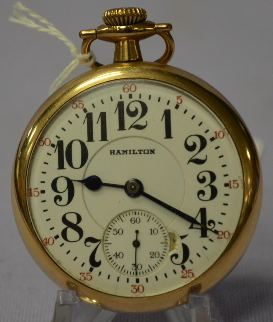 Hamilton 960 16S 21J OF GF LS Brdg ADJ5P No. 854905: Hamilton 960 16S 21J OF GF LS Brdg ADJ5P No. 854905 Pocket Watch. Running. In a yellow SF&B 20yr Philadelphia case No. 8811688. The case back has large overlapping initials.