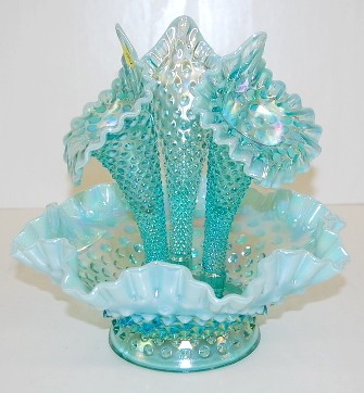 Fenton Aqua Opalescent Triple Epergne: Fenton Aqua Opalescent Triple Epergne: marked on bottom. No condition problems. 10" All items sell As Is, Where Is, no guarantees of any kind. We accept Mastercard & Visa, no paypal, no personal check