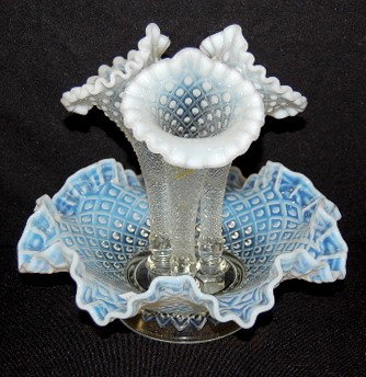 Fenton White Opalescent Triple Epergne: Fenton White Opalescent Triple Epergne: not marked, dot in diamond pattern. No condition problems. 9" All items sell As Is, Where Is, no guarantees of any kind. We accept Mastercard & Visa, no paypal,