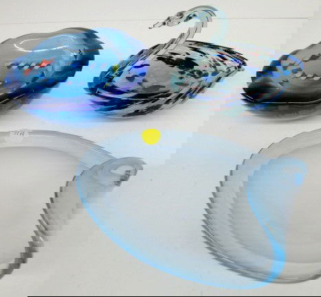 Group of 3 Murano Style Glass Bowls: Group of 3 Murano Style Glass Bowls: 1.) Swan dish, clear light green with mottled blue, white and red, 5 1/2" x 7 1/2". 2.) Clear blue bowl with cobalt edge as colored ribbon twists, 2 3/4" x 7 1/4".