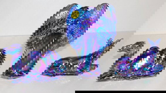 Group of 3 Fenton Blue Carnival Figurines: Group of 3 Fenton Blue Carnival Figurines: 1.) Angel, paper label and marked. 2.) Horse, marked. 3.) Camel, marked. No condition problems. Tallest 6 3/4" All items sell As Is, Where Is, no guarantees