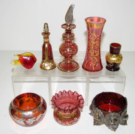 Group of 8 Cranberry & Red Glass Miniature Items: Group of 8 Cranberry & Red Glass Miniature Items: 1.) Enameled vase (Gold wear) 2.) Cut back perfume, made in Egypt 3.) Enameled ruffled master salt. 4.) Enameled perfume. 5.) Enameled vase. 6.) Sterl