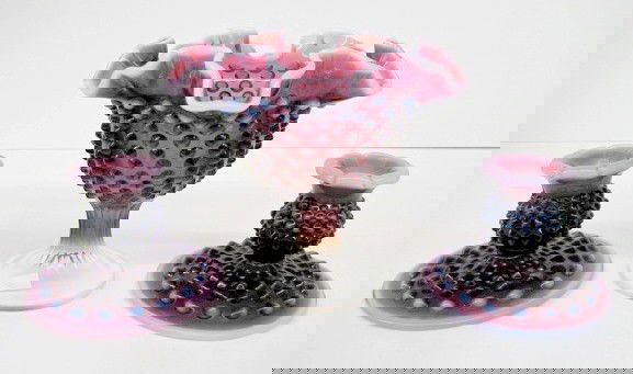 Fenton Plum Opalescent 3pc. Console Set: Fenton Plum Opalescent 3pc. Console Set: unmarked. No condition problems. 4 7/8" All items sell As Is, Where Is, no guarantees of any kind. We accept Mastercard & Visa, no paypal, no personal checks,