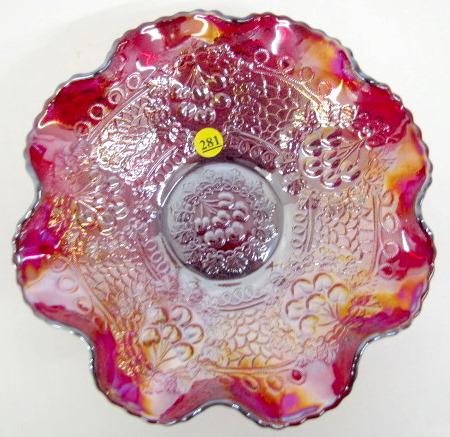Fenton Red Carnival Cherries Bowl: Fenton Red Carnival Cherries Bowl: iridized red glass, signed. 3 1/8" x 10" All items sell As Is, Where Is, no guarantees of any kind. We accept Mastercard & Visa, no paypal, no personal checks, no mo