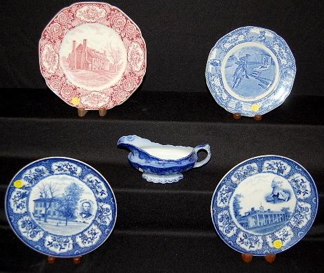Group of 5 Flow Blue & Historical China Items: Group of 5 Flow Blue & Historical China Items: 1.) Delamer pattern gravy boat with handle, made by Henry Alcock and Co., 4" x 8 3/4". 2.) Blue transfer plate, Paul Revere Rides from Colonial Times Ser