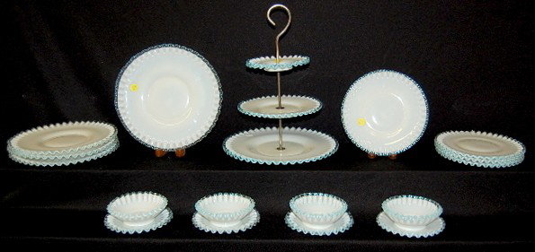 17 Fenton Blue Crest Dinnerware Items: 17 Fenton Blue Crest Dinnerware Items: 1.) 3 tier server, 15" 2.) 4 sauce dishes, 5" 3.) 4 saucers, 6" 4.) 4 plates, 8 3/4" 5.) 4 plates, 11" All items sell As Is, Where Is, no guarantees of any kind.