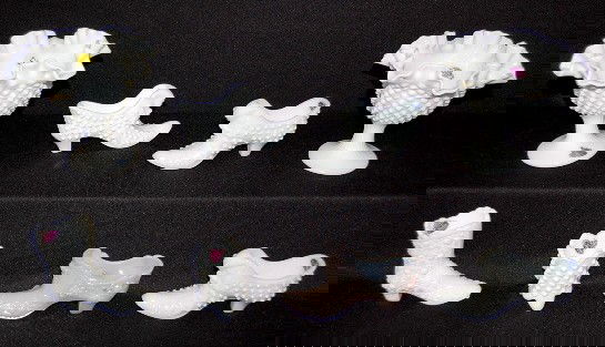 8 Fenton White & Pink Milk Glass Hobnail Items: 8 Fenton White & Pink Milk Glass Hobnail Items: 1.) 3 hobnail slippers with cats, 6" 2.) Daisy and button boot, 4 1/8" 3.) Pink iridized slipper with roses, 5 1/2" 4.) Hobnail toothpick holder, 2 7/8"