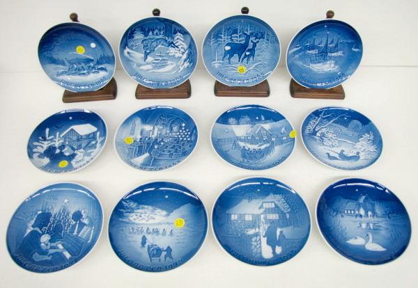 12 B&G Christmas Plates 1962-1974 (-1963): 12 B&G Christmas Plates 1962-1974 (-1963): B&G Kobenhaven- 1962 Oldtidsminde; 1964 Grantraeet; 1965 Skoven For Jul; 1966 Hiem til Jul; 1967 Fuglenes Jul; 1968 Christmas in Church; 1969 Christmas Guest