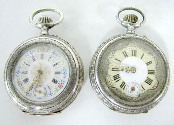 2 European Pocket Watches w/Fancy Dials: 2 European Pocket Watches w/Fancy Dials: 1.) Made by Karl Vogel 12S OF PS .830 silver. The silver case is numbered 311798, inside the back is a 1914 date and initials someone tried to scratch out. (Th