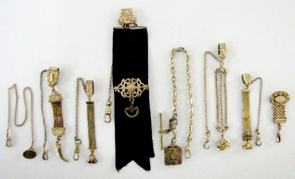 Group of 8 Watch Chains, Safety Style & Straight: Group of 8 Watch Chains, Safety Style & Straight: 1.) GF mesh links with seal fob. 2.) Small GF heavy mesh with fob. 3.) GF with 3 chains and seal fob. 4.) GF with 4 chains and cutlass fob. 5.) GF wit