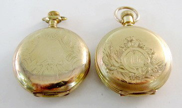 2 HC Pocket Watches: Waltham & Elgin: 2 HC Pocket Watches: 1.) Am. Waltham 15J, 0S, DMK, No.11581341. In a yellow 20yr Philadelphia case, numbered 8792938. The SSD looks good. (The case has scratched initials and that buffed look.) 2.) El