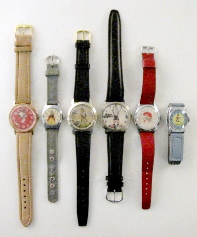 Group of 6 Character Wrist Watches: Group of 6 Character Wrist Watches: 1.) Bradley Ballerina 2.) Spiro Agnew 3.) Snow White W.D.P. by U.S. Time, 1950's. (Not running.) 4.) Jerry Lewis by Helbros 5.) Snoopy 1958 United Features, with te