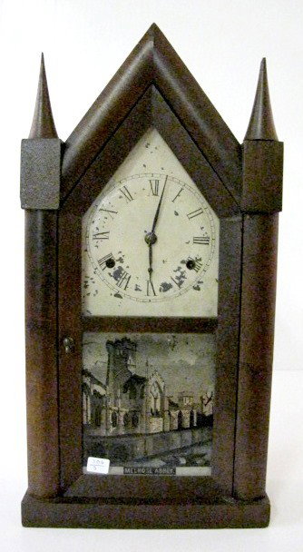 Chauncey Jerome Fusee Steeple Clock: Chauncey Jerome Fusee Steeple Clock: 8 day time with bell strike and original 5" dial. In a mahogany and veneer case with interior label. (Has some scattered paint loss.) 19 3/4" and running at this t