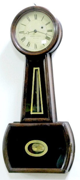 Howard & Davis Weight Driven Banjo Clock: Howard & Davis # 4 Weight Driven Banjo Clock: 8 day time only movement with recoil escapement. The signed dial is original 8"; in a rosewood stained hardwood case. The weight driven movement is workin