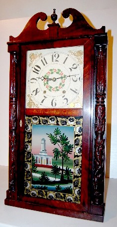 Riley Whiting Ornate Carved Shelf Clock: Riley Whiting Ornate Carved Shelf Clock: weight driven wood works with bell strike; partial interior label and signed Moberg on lower glass. Mahogany case with carved columns and scrolled top. Not run