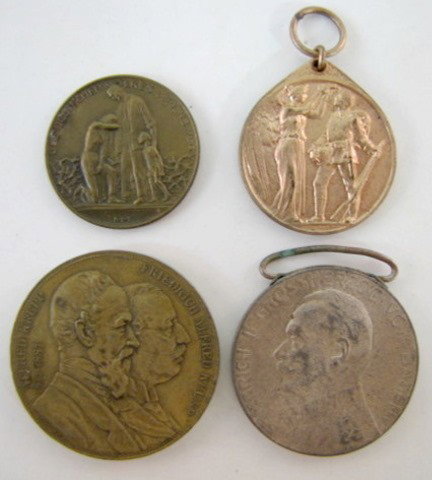 Group of 4 German Medallions & Medals: Group of 4 German Medallions & Medals: 1.) Round brass, the obverse has portraits of Alfred Krupp 1812-1887 and Friedrich Alfred Krupp; the reverse has a large monument for Alfred Krupp with dates, be