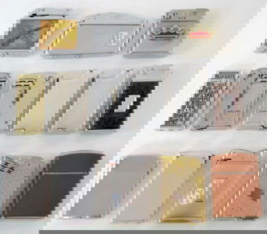 Group of 14 Lighters: Squeeze Strike & Others: Group of 14 Lighters: Squeeze strikes are Solo, Made in U.S.A., Reden's; Ascot snap open; Lord Oxford flip top; Flamex flip top; Bowers No.10 flip top; Champ flip top; 4 with visible strikers Rowenta,
