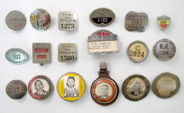 Group of 18 Vintage Badges from Various Companies: Group of 18 Vintage Badges from Various Companies: 1.) Employee picture button, Munsing Wood Products. 2.) Employee picture button, Eaton Mfg. 3.) Employee picture button, Todd Bath, Iron Shipbuilders