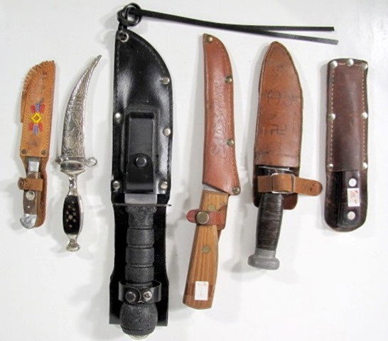Group of 6 Sheath Knives: Group of 6 Sheath Knives: 1.) Mid Eastern souvenir. 2.) Rambo style with compass, made in Taiwan. 3.) Unmarked, with leather washer handle. 4.) Indian River, Mich. souvenir, Japan, compass. 5.) Surf T