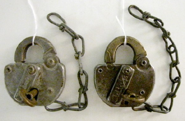 2 Adlake C M St P & P Railroad Padlocks: 2 Adlake C M St P & P (Chicago Milwaukee St. Paul & Pacific) Railroad Padlocks: 1.) Steel padlock, Adlake on keyhole cover, stamped C M St. P & P, Pat 2040482 on back of body, brass key stamped C M St