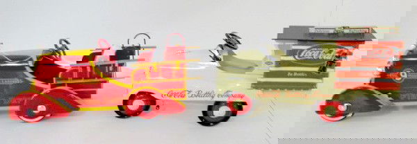 2 Pressed Steel Trucks: Coca Cola & Fire Truck: 2 Pressed Steel Trucks: 1.) Coca Cola Ltd. Ed. Deluxe Delivery Truck No.05516 of 10,000. Complete with 9 Coca Cola crates. 2.) Fire Dept. No.9 hook and ladder truck, maker unknown, complete. No condit