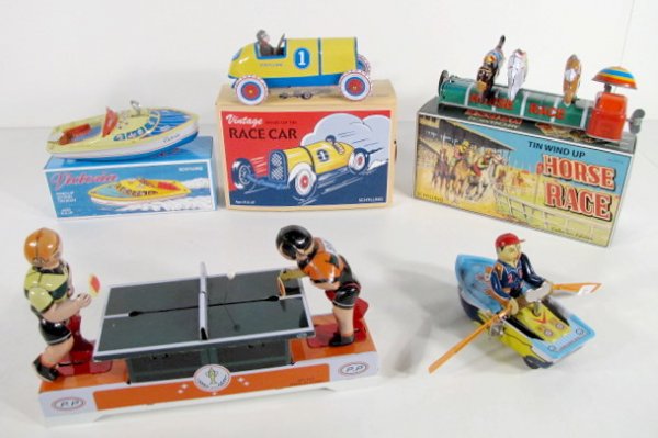 5 Contemporary Tin Litho Windup Toys: 5 Contemporary Tin Litho Windup Toys: 1.) Schylling Horse Race w/original box; works. (Horse needs reattached.) 2.) Schylling Victoria windup boat; original box. (Does not work.) 3.) Schylling Race Ca