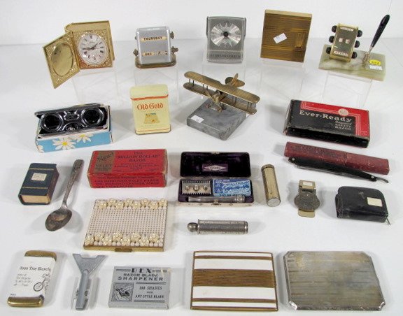 Match Holders, Razors, Travel Clocks & More: Match Holders, Razors, Travel Clocks & More: 1.) Leather book of stick matches 2.) Metal stick match holder modified to a business card exterior 3.) Sir Walter Raleigh pipe cleaner 4.) Old Gold pocket