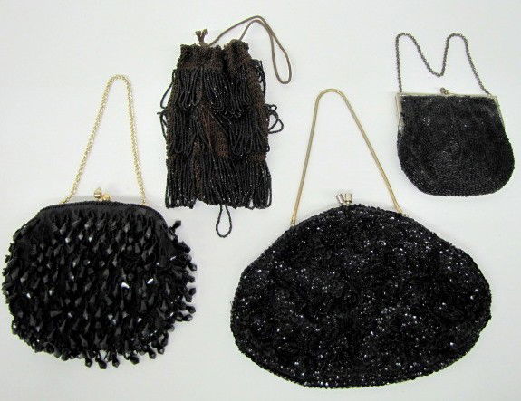 4 Vintage Ladies Beaded Purses: 4 Vintage Ladies Beaded Purses: 1.) Black cloth with black beads; metal frame, mirror and chain handle, no tag. 2.) Black cloth with black beads, metal frame and chain handle; elephant on interior tag