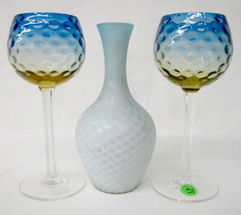 2 Blurina Goblets & 1 Mother of Pearl Vase: 2 Blurina Goblets & 1 Mother of Pearl Vase: 1.) The goblet rims have been smoothed, 7 3/4". 2.) Blue diamond quilted M.O.P. vase; rim has been smoothed, 7 1/2". (There are 2 good sized dark spots in t