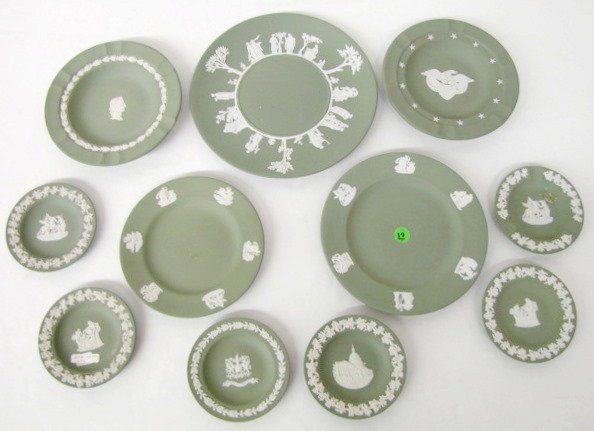 11 Wedgwood Jasperware Plates & Trays: 11 Wedgwood Jasperware Plates & Trays: all white on pale green with classical or historical themes; all marks include Made in England. 1.) Classical plate, 9 3/8". 2.) Classical plate, 7 3/4". 3.) Cla