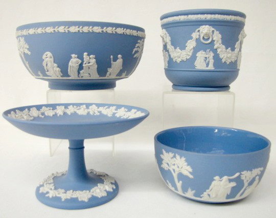 4 Wedgwood Jasperware Items, White on Pale Blue: 4 Wedgwood Jasperware Items, White on Pale Blue: all marks include Made in England. 1.) Bowl with classical scenes, 3 5/8" x 7 3/4". 2.) Bowl with classical scene, 2 5/8" x 4 7/8". 3.) Flower jardinie