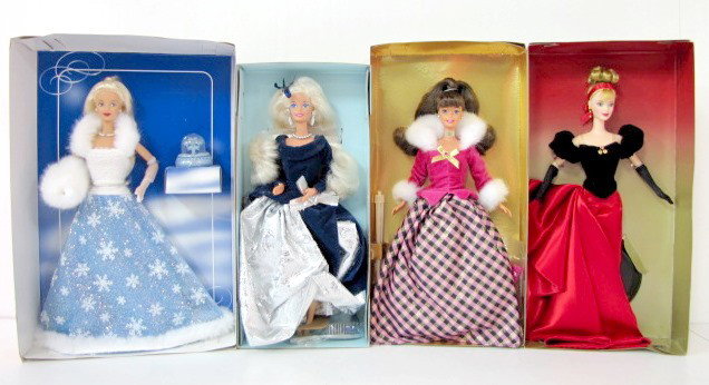 4 Mattel Barbies: Winter Dolls: 4 Mattel Barbies: Winter Velvet, Winter Rhapsody, Winter Splendor and Snow Sensation. All original in boxes, unopened. (All boxes in as is condition.) All items sell As Is, Where Is, no guarantees of 