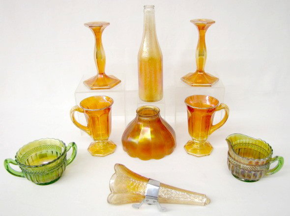 9pc. Mixed Lot of Carnival Glass Items: 9pc. Mixed Lot of Carnival Glass Items: most are marigold, unless otherwise noted. 1.) Canada Dry Ginger Ale bottle, 9 5/8". 2.) Crackle car vase with metal fixture, 7 1/4". 3.) Nu-Art paneled lamp sh
