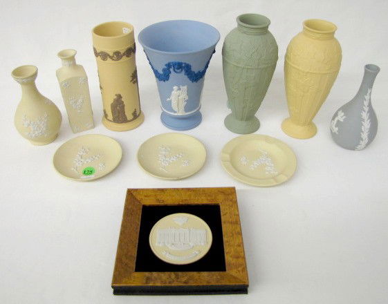 11 Wedgwood Jasperware Items: Vases & Others: 11 Wedgwood Jasperware Items: all marks include Made in England. 1.) Cylinder vase, brown on yellow, on bottom in gold paint is 1991 Wedgwood, Lolo??, 6 1/2". 2.) Green vase with molded panels and gra