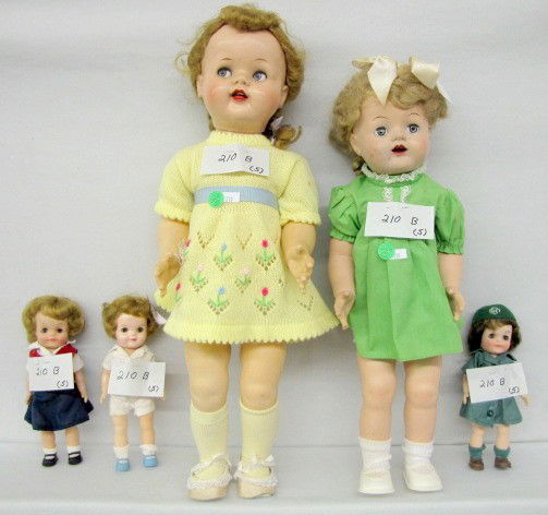 5 Vintage Collectible Dolls: 5 Vintage Collectible Dolls: 1.) Unmarked hard plastic with sleep eyes, open mouth; head turns when she walks. (Face needs cleaned.) 2.) Ideal Flirty Eye Doll, sleep eyes, open mouth, eyes move when y