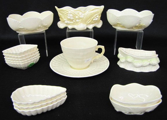 16 Irish Belleek Items w/Gold Marks: 16 Irish Belleek Items w/Gold Marks: 1.) 2 shell bowls, 1 7/8" x 5" x 4 1/8". 2.) 2 shell salt cellars, 3 1/4". 3.) 5 diamond salt cellars, 3 1/2". 4.) Lily of the Valley dish, 2 1/2" x 5 5/8" x 3 1/4