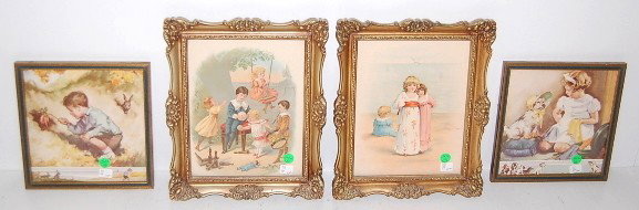 4 Framed Prints w/Children Themes: 4 Framed Prints w/Children Themes: 1.) 2 by the artist Gaffron. In one a boy holds a bunch of carrot over a rabbit's den, while the rabbit watches him from another hole. In the second, a young girl pu