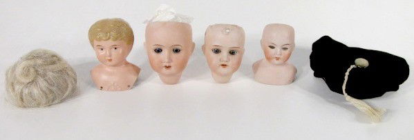 3 Bisque Doll Heads & 1 Tin Minerva Head: 3 Bisque Doll Heads & 1 Tin Minerva Head: 1.) Bisque socket head marked Bavaria 120 3/0 with crown and CW; sleep eyes; open mouth; comes with a black beret style hat. 2.) Bisque socket head marked Ger