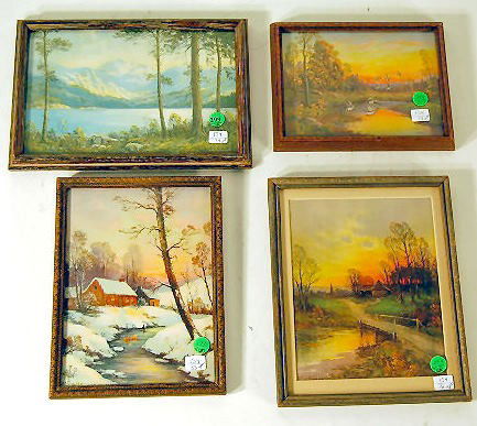 4 Thompson Prints in Original Frames: 4 Thompson Prints in Original Frames: 1.) W.M.- The Splendor of Morning, 8" x 11 1/2" 2.) W.M.- On the Wing, 6 7/8" x 8 7/8" 3.) William- Sunset, 10 3/4" x 8 5/8" 4.) W.M.- Where Shelter Awaits, 10 1/