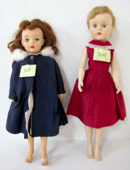 2 Plastic Dolls: Ideal & Unmarked: 2 Plastic Dolls: 1.) Ideal VT-18; sleep eyes; painted lips; dress and coat look original. (1 shoe is missing.) 2.) Unmarked; sleep eyes; painted lips. (No shoes.) 18" All items sell As Is, Where Is, n